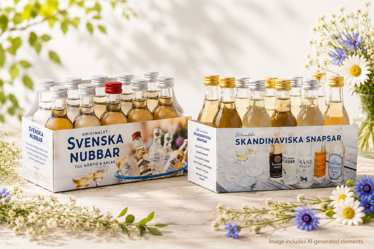 Presentförpackningar med svenska nubbar och skandinaviska snapsar i midsommarmiljö