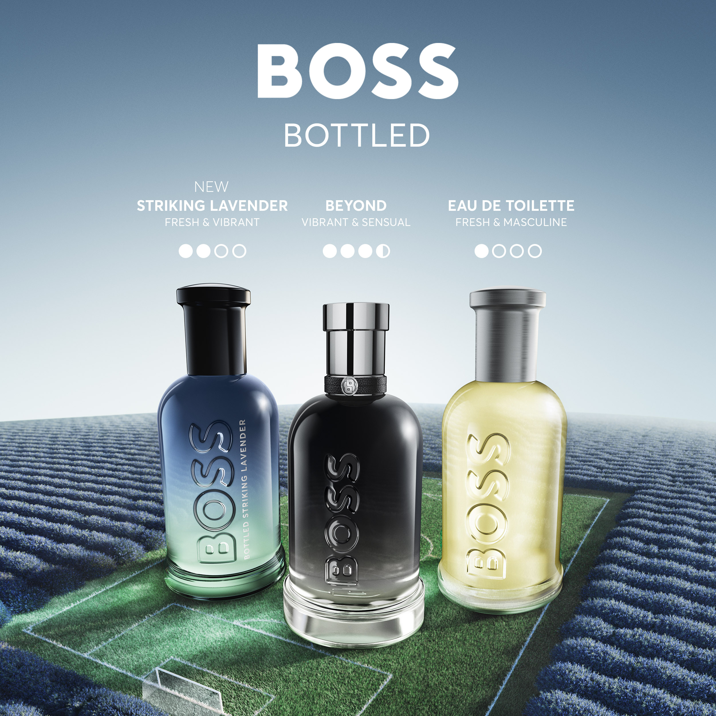 Reklambanner för Boss Bottled Striking Lavender kampanj.