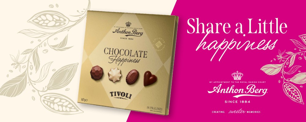 Anthon Berg Chocolate Happiness med et udvalg af chokoladepraliner.