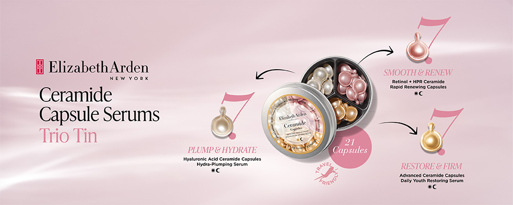Reklamebanner for Elizabeth Arden Ceramide Capsule Serum Trio.