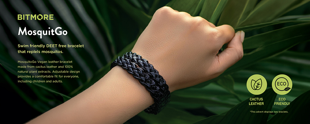 Reklamebanner for MosquitGo-armbånd, der holder myg og insekter væk.