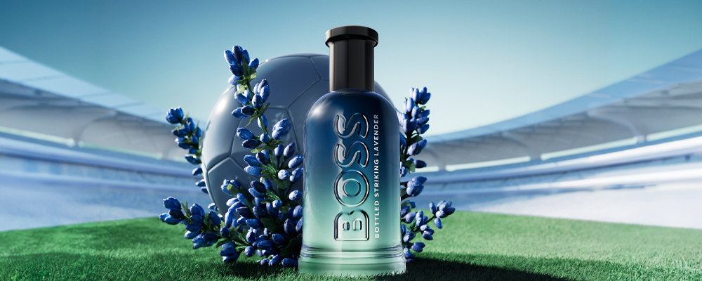 Reklambanner för Boss Bottled Striking Lavender kampanj.