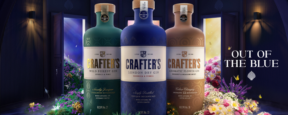 Reklambanner Crafters gin med texten out of the blue.
