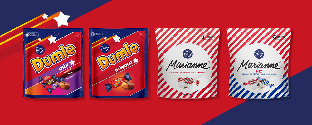 Reklamebanner med Fazers Dumle og Marianne.