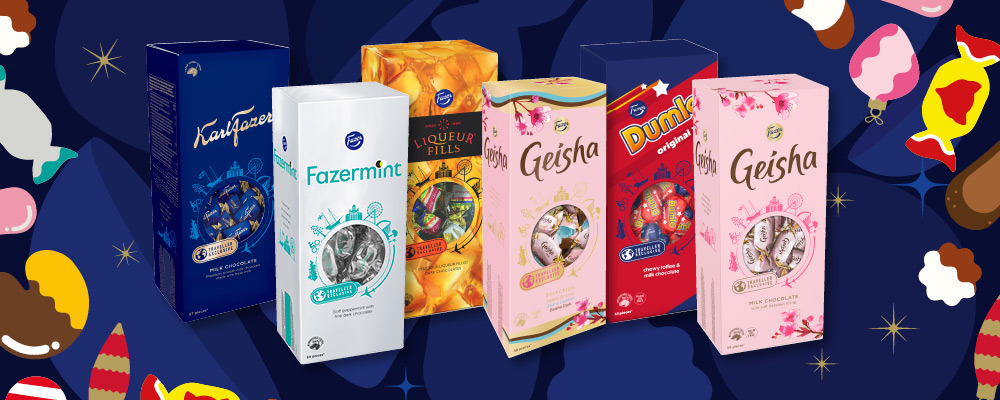 Reklambanner med Fazers olika chokladaskar, som Geisha, Dumle, Liqueur Fills och Karl Fazer.