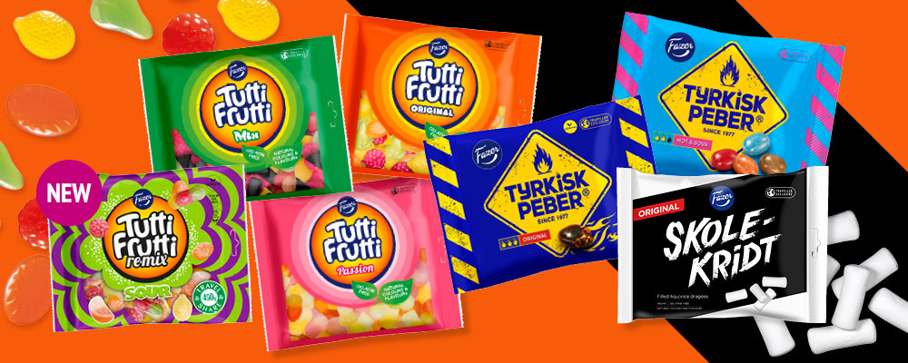 Godisförpackningar från Fazer på orange bakgrund.