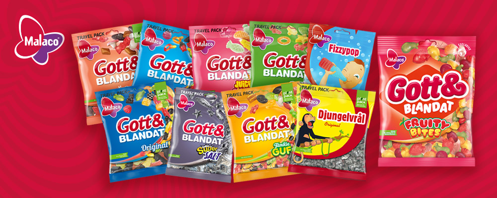 Sortiment af Malaco Gott & Blandat og andre slikfavoritter.