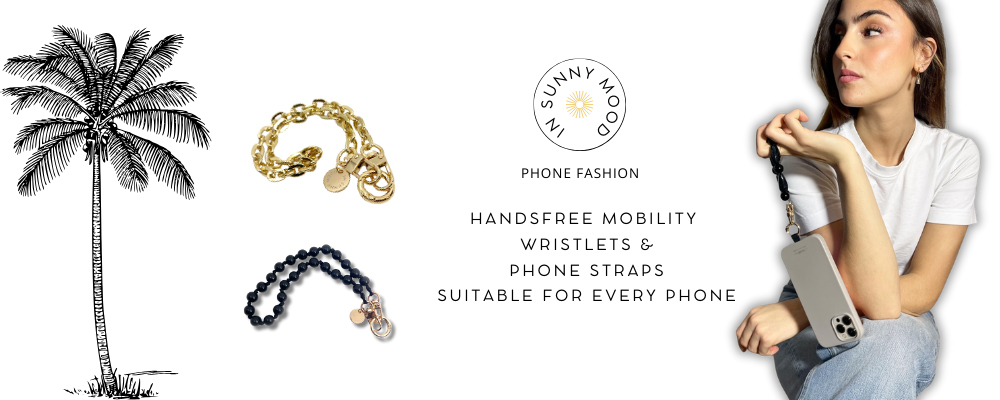 Reklamebanner for Sunny in a Mood med budskab om mobilvenlige håndledsremme og mobilstropper.