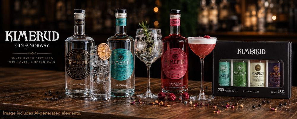 Kimerud Gin of Norway med flere ginflasker, cocktails og gaveæske.
