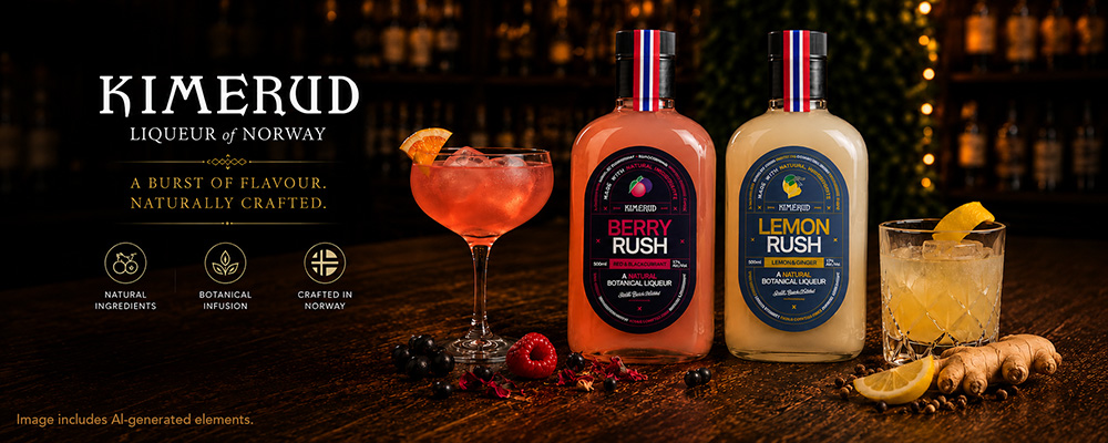 Kimerud likører med smagene Berry Rush og Lemon Rush sammen med serverede cocktails.