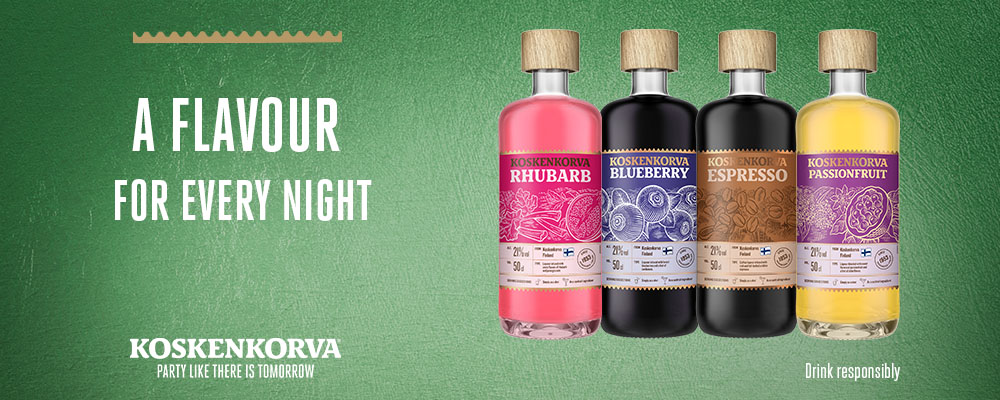 Reklambanner med Korskenkorva och texten 'A flavor for every night'.