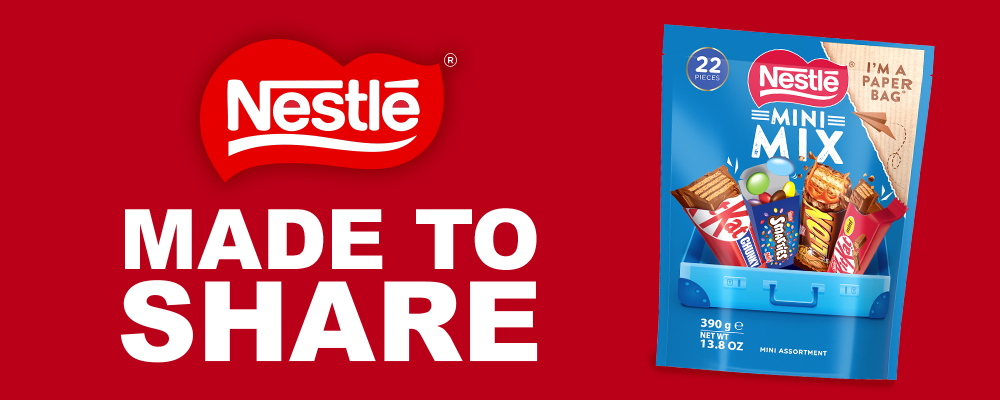 Nestlé-mainos, jossa on 22 pientä suklaata sisältävä Mini Mix -pussi. Teksti: ”Made to share”.