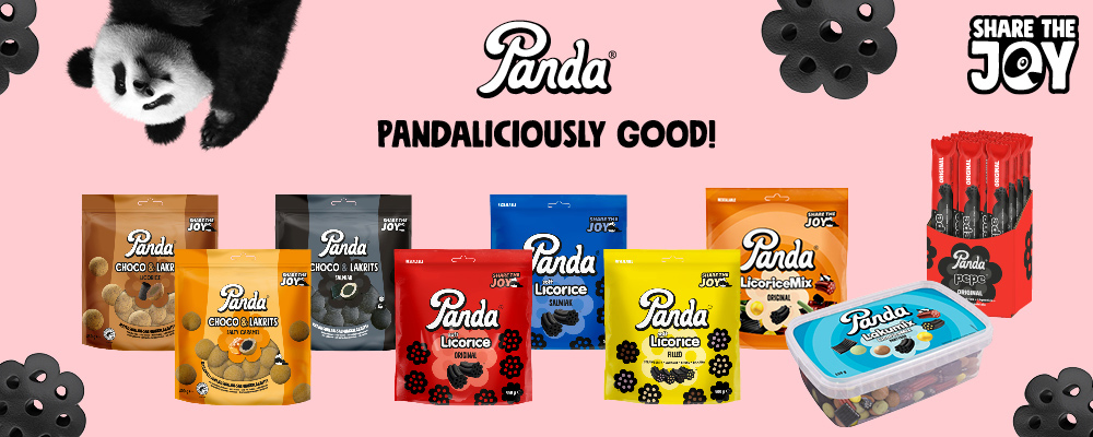 Panda-banner med flera godisprodukter i olika smaker mot rosa bakgrund. Text: ”Pandaliciously good!” och ”Share the joy”.