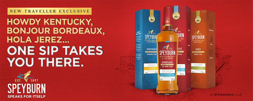 Reklambanner med Speyburn Travel Exclusive och texten 'One sip takes you there'.