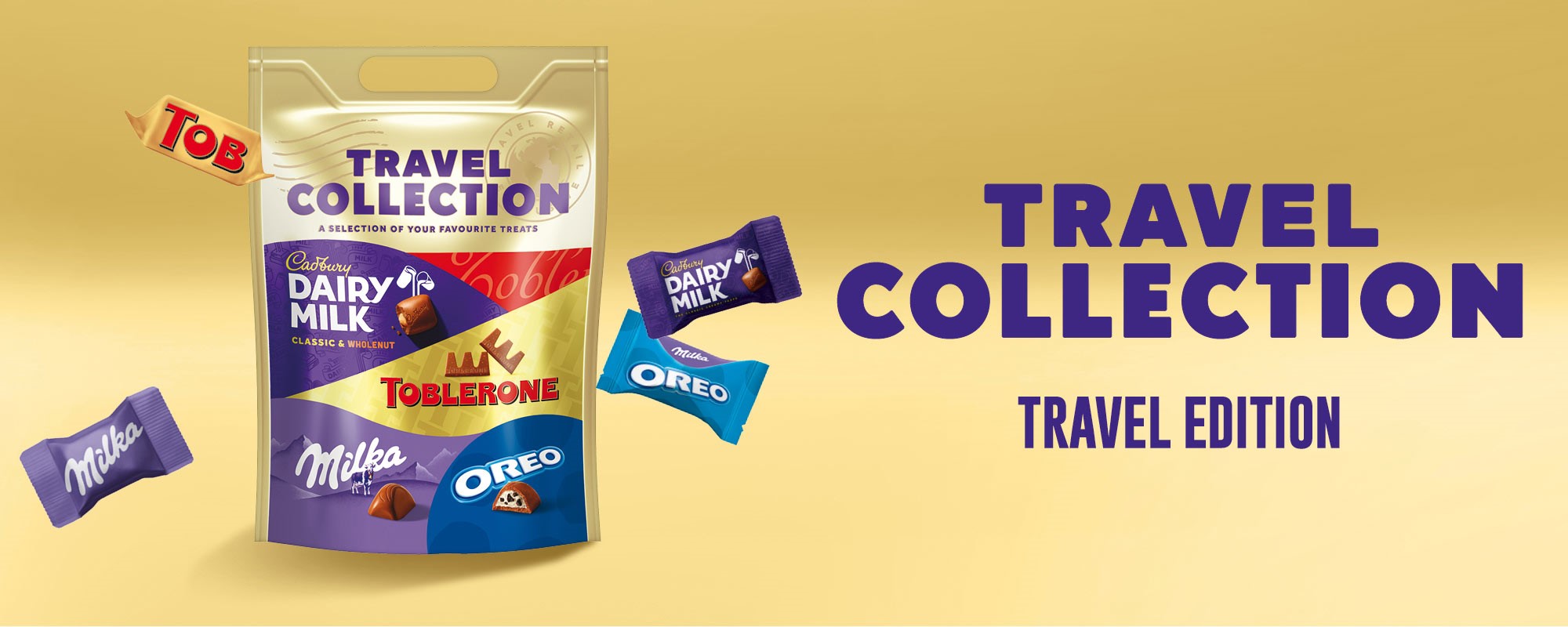 Travel Collection med chokoladefavoritter fra Toblerone, Cadbury, Milka og Oreo.