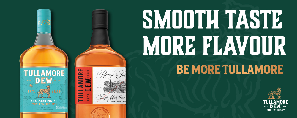 Reklamebanner for Tullamore med teksten 'Smooth taste more flavor'.