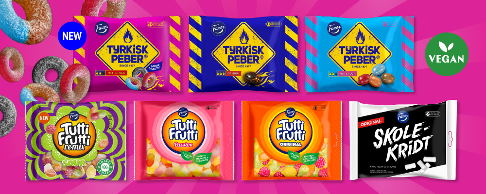 Sortiment af Fazer-slik med Turkisk Peber, Tutti Frutti og Skolekridt.