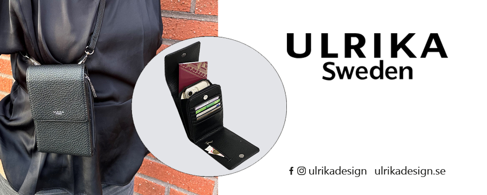 Reklamebanner for en sort og stilren mobiltaske fra Ulrika Sweden.