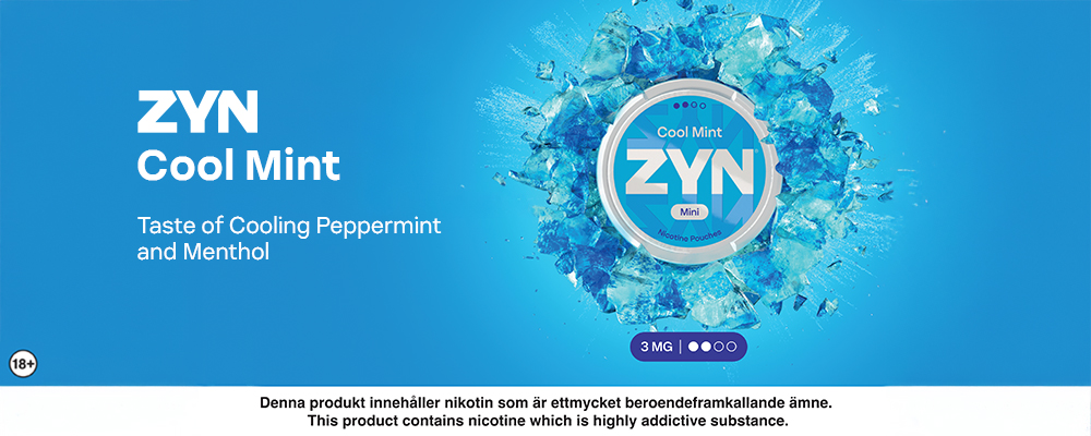Kampanjbild för ZYN Cool Mint Mini 3 mg med blå bakgrund och iseffekt bakom dosan. Texten 'Taste of Cooling Peppermint and Menthol', 18+-symbol samt varningstexten 'Denna produkt innehåller nikotin som är ett mycket beroendeframkallande ämne. This product contains nicotine which is highly addictive substance.'