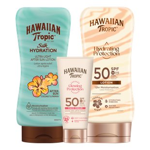 Hawaiian Tropic Glowing Protection Face Cream + Silk Hydration Air Soft After Sun + Silk Hydration Lotion