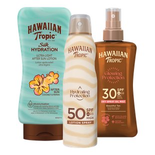 Hawaiian Tropic Glowing Protection Dry Oil Spray + Hydrating Protection C-Spray + Silk Hydration Air Soft After Sun