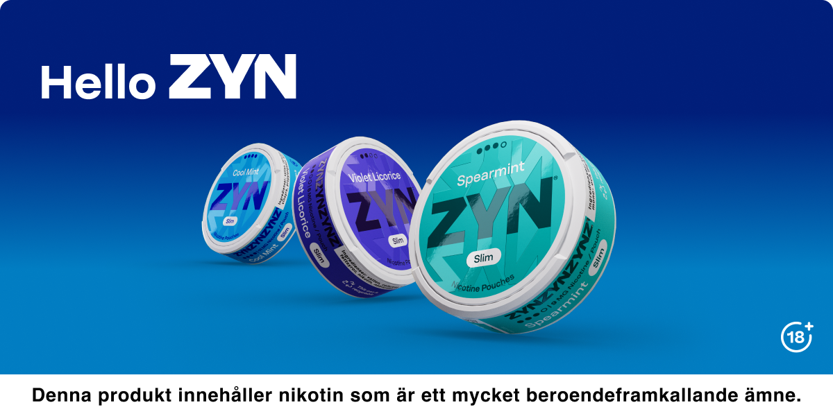 Tre dåser med nikotinposer fra ZYN i smagene Cool Mint, Violet Licorice og Spearmint på blå baggrund, med teksten Hello ZYN og 18+-symbol.